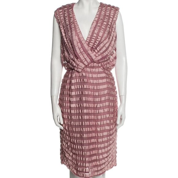 New Carolina Herrera Striped Sleeveless Silk Blend Pink Cocktail Midi Dress 4 US - Picture 2 of 10